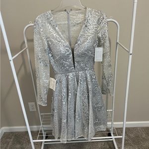 Colors dress from Nordstrom silver sequins sheer sleeves built in bra size 0